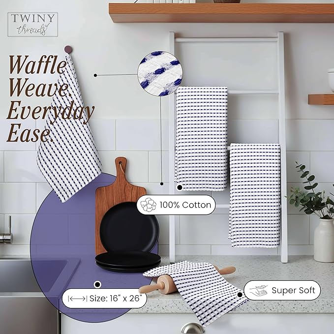 TWINY threads Waffle Kitchen Towels 4 Pack, 16x26 Inches Absorbent Waffle Weave Dish Cloth Set for Drying Dishes, Soft, Durable & Machine Washable Tea Towel, Quick Dry, Indigo Blue, White