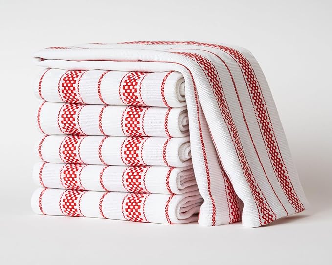 Kitchen Towels Set – Pack of 6 (20’’ x 30’’) Extra Large Premium Cotton Dish Towels for Kitchen – Chain Stripe Towels – Absorbent – 100% Cotton – with Hanging Loop – Red