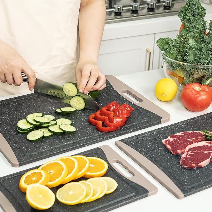 Extra Large Cutting Boards, Plastic Cutting Boards for Kitchen (Set of 3) Cutting Board Set Dishwasher Chopping Board with Juice Grooves Easy-Grip Handles, Almond Gray, Empune