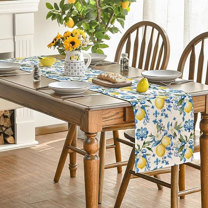Artoid Mode Blue Lemon Iris Summer Table Runner, Seasonal Spring Kitchen Dining Table Decor for Home Party Decor 13x48 Inch