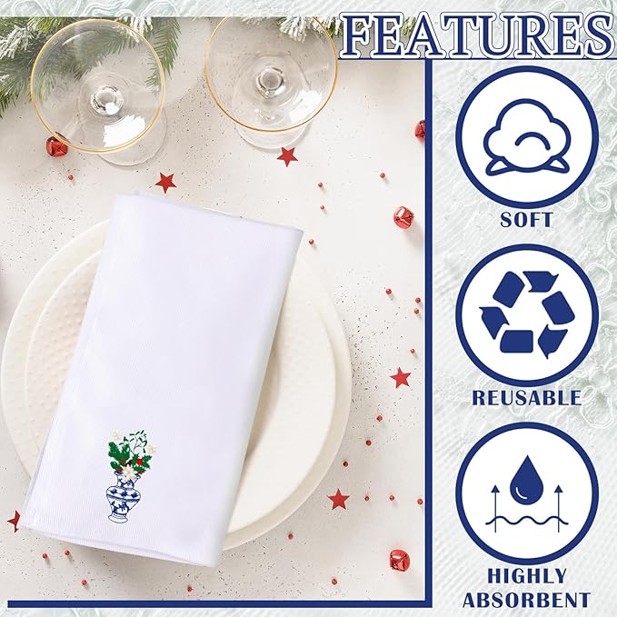 HunnmingRe 12 Pcs Christmas Blue and White Cloth Napkins Chinoiserie Embroidered Cotton Vase Hand Towels Blue Guests Napkin for Dinner Holiday Weddings Parties Washable 17x17 Inch