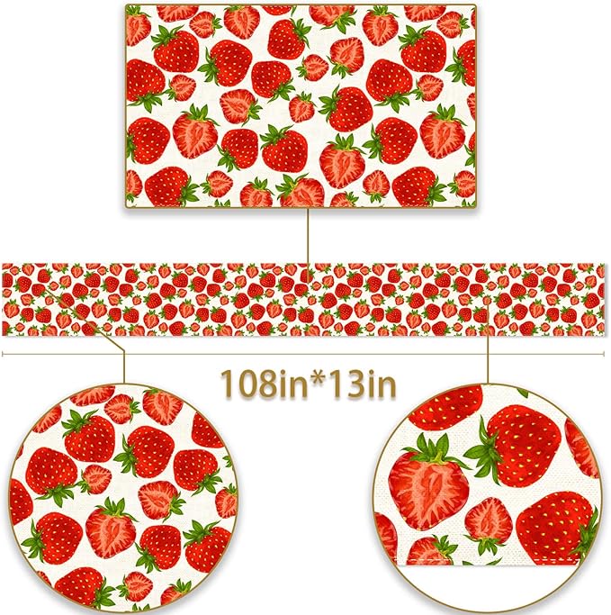 Pudodo Strawberry Table Runner Spring Summer Fruit Strawberry Themed Birthday Baby Shower Party Kitchen Dining Home Decoration (13" x 108")