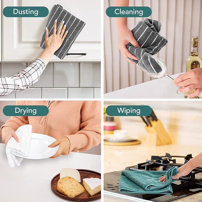 PY HOME & SPORTS Microfiber Kitchen Dish Towels 6 Pack- 17 x 25” Super Absorbent Kitchen Hand Dish Cloths with Upgraded Mesh Design, Lint Free & Quick Drying (Grey/White/Teal)