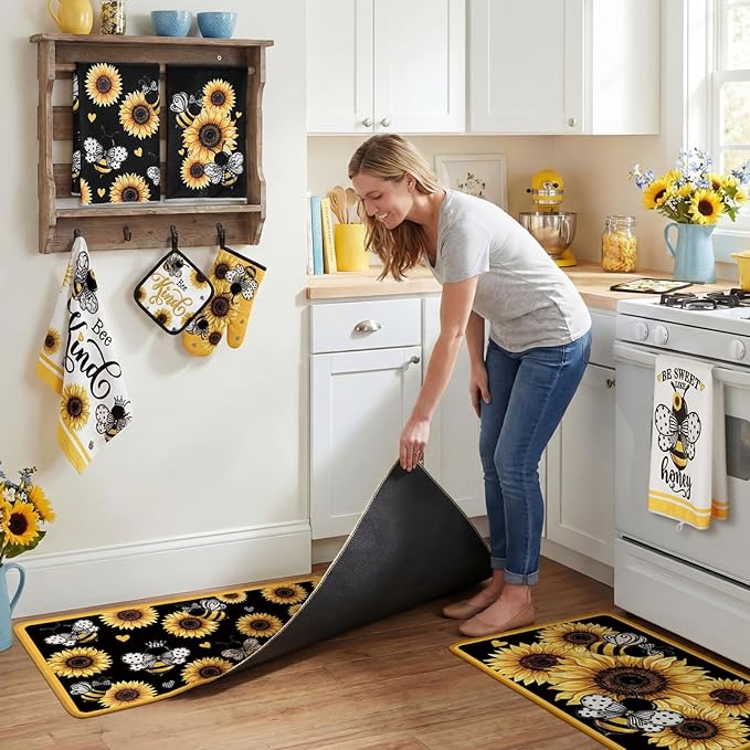 Fourluoo 10 Pcs Sunflower Kitchen Accessory Bee Oven Mitts and Pot Holder Set Retro Black Dish Towel Summer Rugs Mats Farmhouse Kitchen Accessories for Chef Baking Cooking Grilling BBQ Women Home Gift