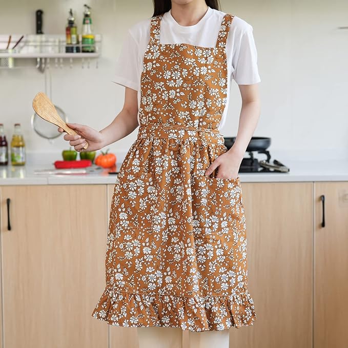Pinknoke Vintage Pinafore Apron Dress for Women with Pockets Cute Floral Chef Aprons for Kitchen Cooking Baking Gardening