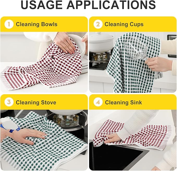 SALAS Cotton Dish Towels Cloths for Kitchen Drying Dishes, Lattice Terry Kitchen Towels, Absorbent Cloths with Hanging Loop, 16‘’ x 26‘’, 4 Packs, Wine Red and Green