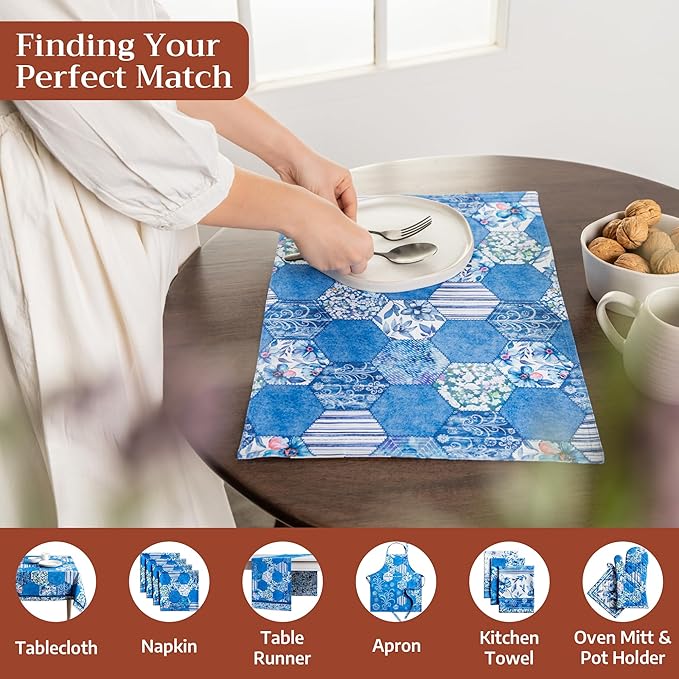 Maison d' Hermine Placemats Set of 4 100% Cotton Washable Cloth Place Mats Reusable Table Mats for Kitchen Dining Party Wedding Gifts for Mothers Day Spring/Summer (Summer Blues, 13" x 19")