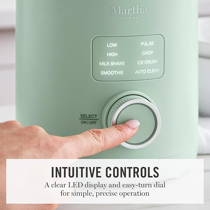 Martha Stewart Countertop Blender, 50oz Jar, 6 Stainless Steel Blades 3 Speeds & 5 Presets, Auto Clean, Smoothies, Crush Ice, Shakes, Chop, Margarita, Measurement Markings, 700W, Honeydew Green