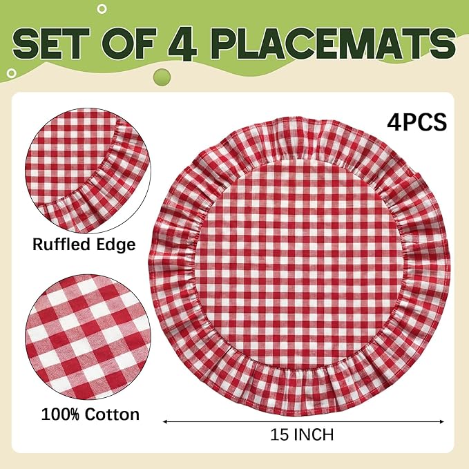 4 Pcs 15 Inch 100% Cotton Scalloped Round Placemats, Thin Retro Red Gingham Place Mats with Ruffle, Washable Placemats Table Mats for Kitchen Dining Holiday Gatherings Decor