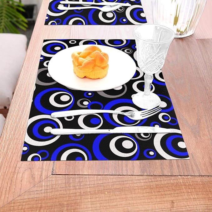 Blue Black Geometric Circle Linen Placemats Set of 4, Washable Heat Resistant Table Mats for Dining Table Kitchen, Tech - Themed Party Wedding Outdoor Holiday, Modern Home Decor, 12" x 18" Place Mats
