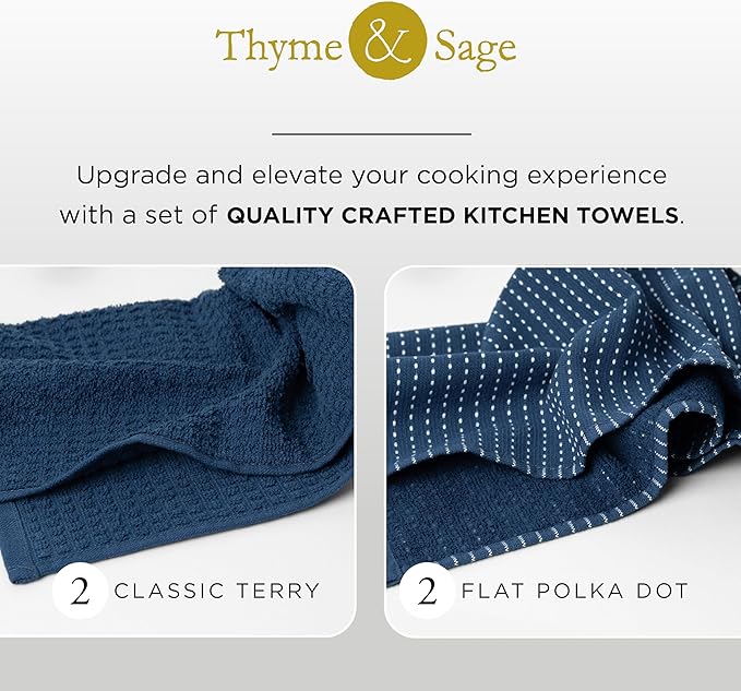 Thyme and Sage 100% Cotton Premium Turkish Kitchen Hand Towel Set, 16"x26", Ultra Absorbent, 350 GSM, Blueberry, Pack of 4
