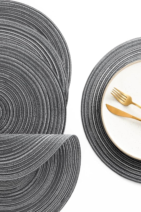 Floroom 15 Inch Round Braided Placemats Set of 6, Washable Heat Resistant Cotton Polyester Circle Place Mats for Kitchen Dining Table - Mist Grey