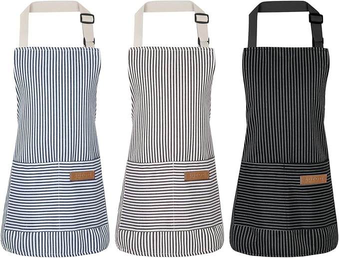 3 Pack Stripes Kids Apron, Adjustable Kids Cooking Aprons with 2 Pockets, Cute Chef Baking Aprons for Boys and Girls