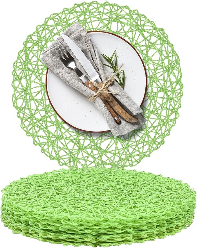 AHHFSMEI Paper Braided Round Placemats Set of 8 Natural Non-Slip Heat Resistant Table Mats for Dining Tables Woven Indoor Outdoor Place mats(Light Green,8)