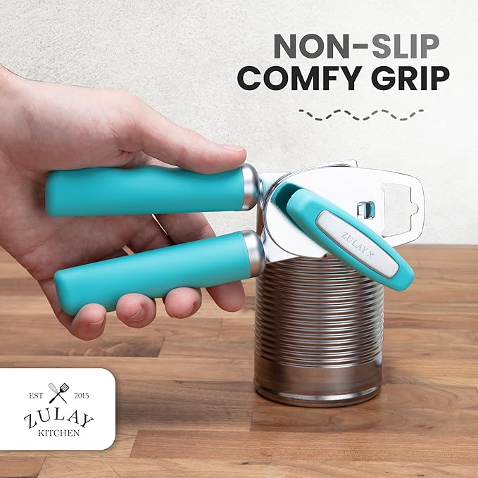 Zulay Kitchen Heavy Duty Stainless Steel Can Opener Manual with Bottle Opener - Rust Proof Manual Can Opener With Turn Knob & Comfy Soft Grip Handles - Turquoise