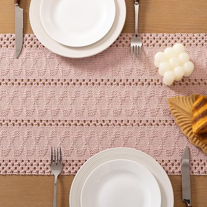 Socomi Boho Table Runner Easter Spring Farmhouse Rustic Dining Kitchen Centerpiece Decor Small Macrame Woven Cotton Linen Coffee Table Runner for Dresser Scarf Home Decor 12x48 in Pink