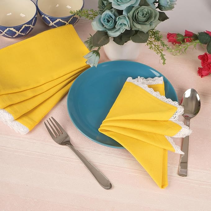 FINGERCRAFT Dinner Cloth Napkin Cotton Linen Blend 4 Pack Mitered Corners with Elegant Lace for Everyday Use Napkins are Pre Shrunk and Good Absorbency Lemon Easter Color