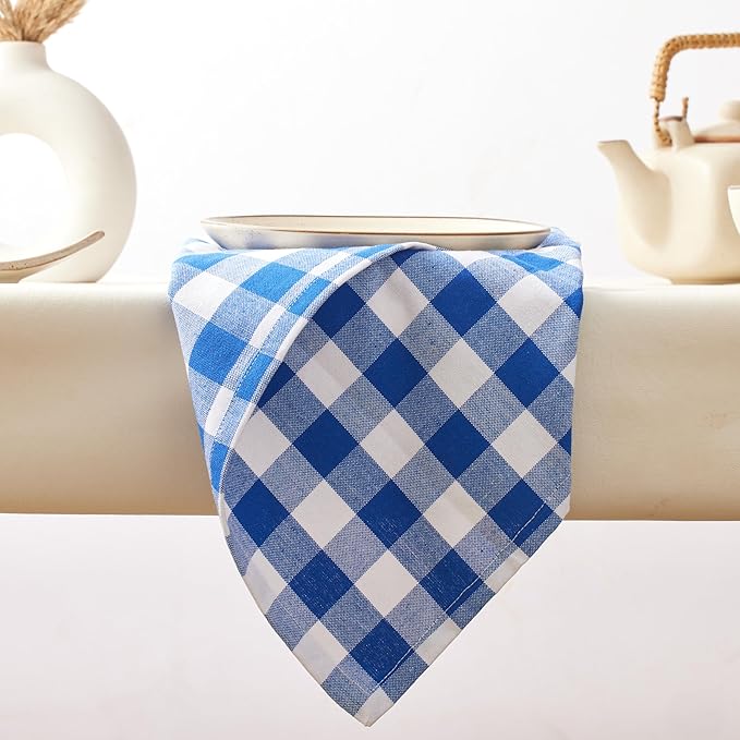 Cloth Napkins Set of 12, 100% Cotton Dinner Napkins 18x18 Inch, Soft Absorbent Gingham Check Napkin for Restaurant, Table Décor, Reusable Washable for Everyday Use - Blue/White