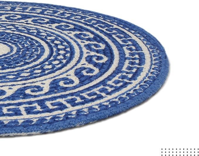 Encasa XO Dining Placemats Set of 4 | Cotton Round Table Mat - 13 in Diameter | Blue Mandala Print | Handmade Rib Style Chargers for Dinner Plates