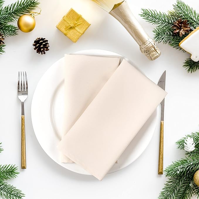Hemmed Edge Cloth Dinner Napkins Set of 12 18x18 Inch - Almond Beige, Soft Spring Basket Décor Dinning Table Linen Napkin Ideal for Kitchen, Easter, Wedding | Decorative Washable Banquet Event Napkin