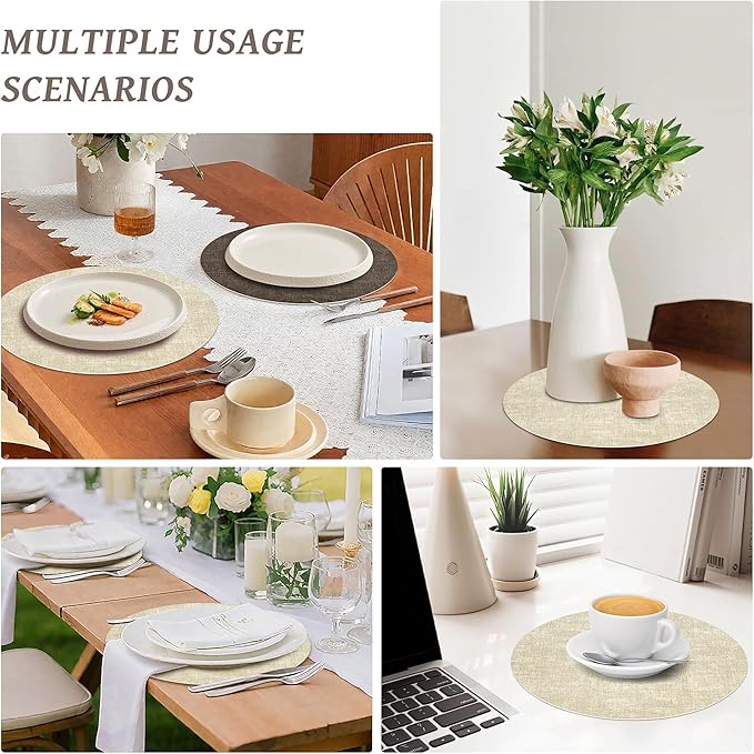 13" Round Placemats Set of 6, NCUE Dual-Sided Faux Leather Heat Resistant Table Mats, Waterproof Oilproof Washable Protective Table Placemats with Coaster, Wipeable Vinyl for Indoor & Outdoor Use