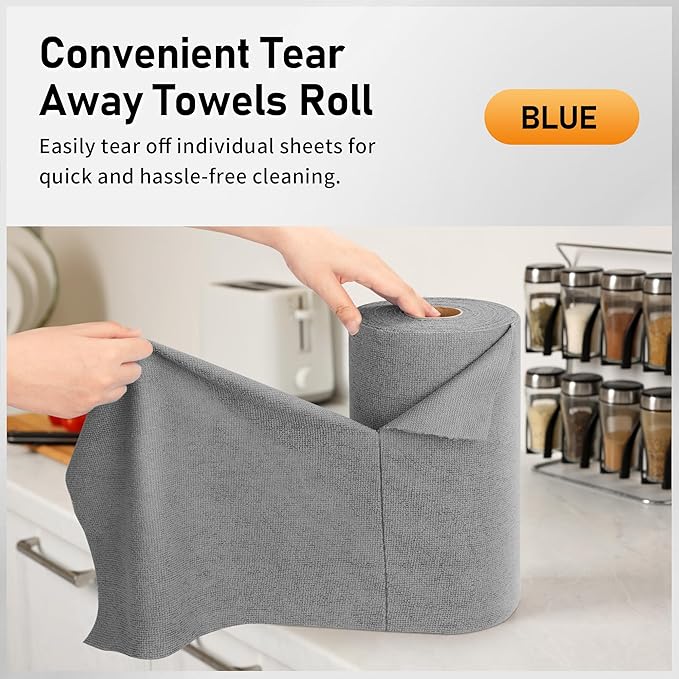 Microfiber Cleaning Cloth Roll, 75 Pack Tear Away Microfiber Towels, Reusable Washable Shop Towels, Lint Free Cleaning Rags for Car, Home, Garage & Workshop 11.5"x11.5" Grey