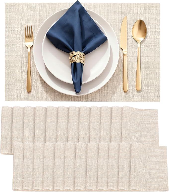 Durable Vinyl Placemats Set of 24, Non-Slip for Dining Table Mat, Heat Resistant Place Mats, Washable Anti-Slip PVC Easy to Clean Wipeable Premium Plastic Mats for Kitchen Beige