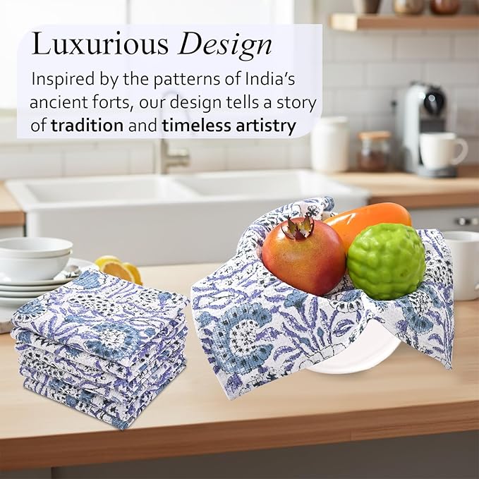 CPC Indigo Blue Hand Block Printed Cotton Waffle Dish Cloth Set of 6-12x12 Inch Super Absorbent, Soft, Reusable Kitchen Towels for Dish Drying & Cleaning Ideal for Spring, Mother's Day