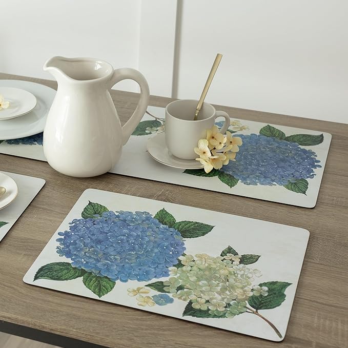 Benson Mills Cork Placemats Set of 4, Thick Cork Place Mats for Kitchen and Dining Tables, Easy Clean Table Mats (12" x 16" Rectangular Set of 4, Hydrangea Floral)
