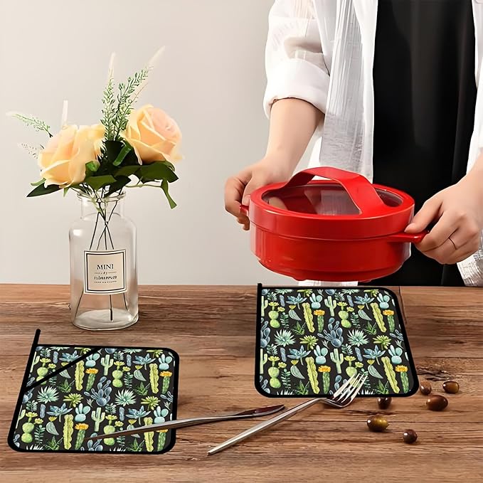 Watercolor Cactus Flower Pot Holders Set of 2,Desert Plants Kitchen Heat Resistant Potholder for Microwave Cooking Baking Oven and BBQ