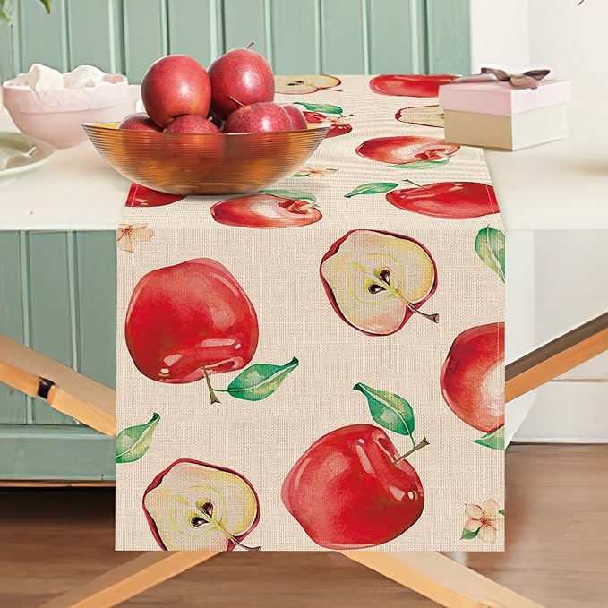 Watercolor Apples Table Runner, Sweet Fruit Kitchen Dining Table Decoration, Spring Summer Burlap Indoor Outdoor Home Decor Party Supply 13 x 36 Inches