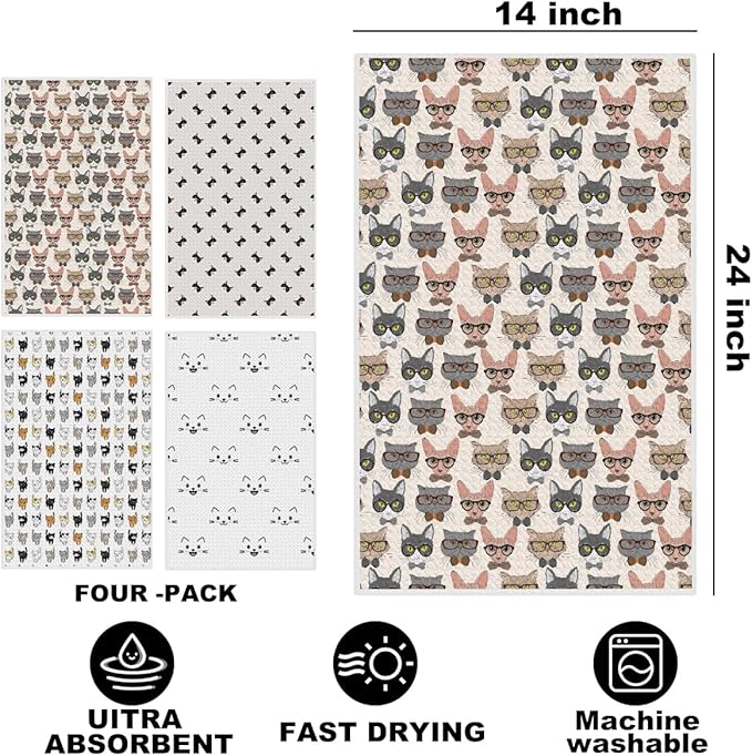 4 Pcs Cute Cat Kitchen Towels, Cats Decorative Absorbent Microfiber Dish Cloth Tea Towel, Durable Waffle Hand Towels for Farmhouse Home Bathroom, Cat Lover Gifts for Women Mam