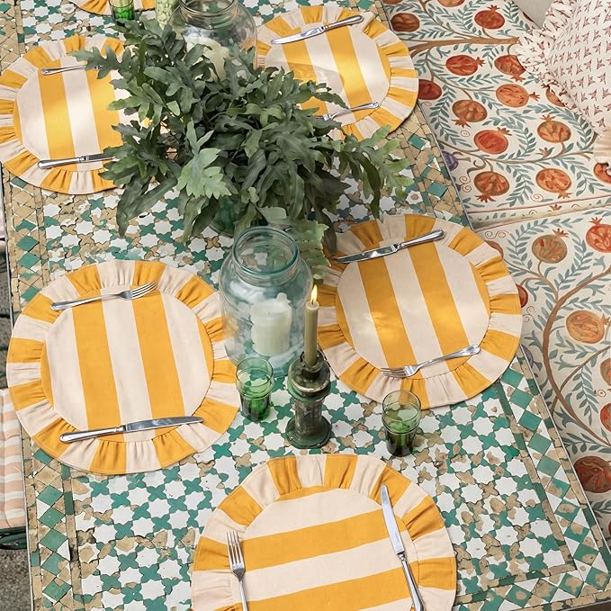 4 Pcs 15 Inch 100% Cotton Scalloped Round Placemats, Thin Yellow & White Stripes Place Mats with Ruffle, Washable Placemats Table Mats for Kitchen Dining Holiday Gatherings Decor