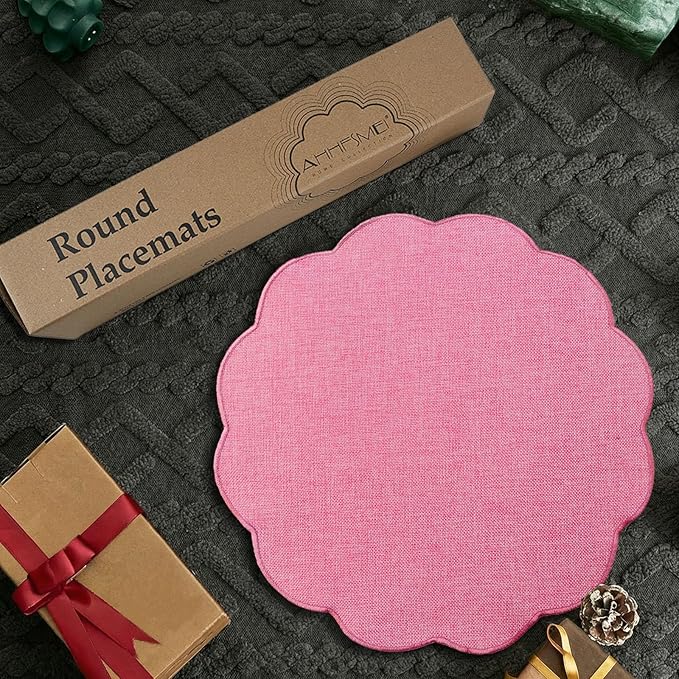AHHFSMEI Round Faux Linen Placemats Set of 6 Heat Resistant Non-Slip Stain Proof Table Mats for Kitchen Dining Elegant Decor Place Mats (6, Pink)