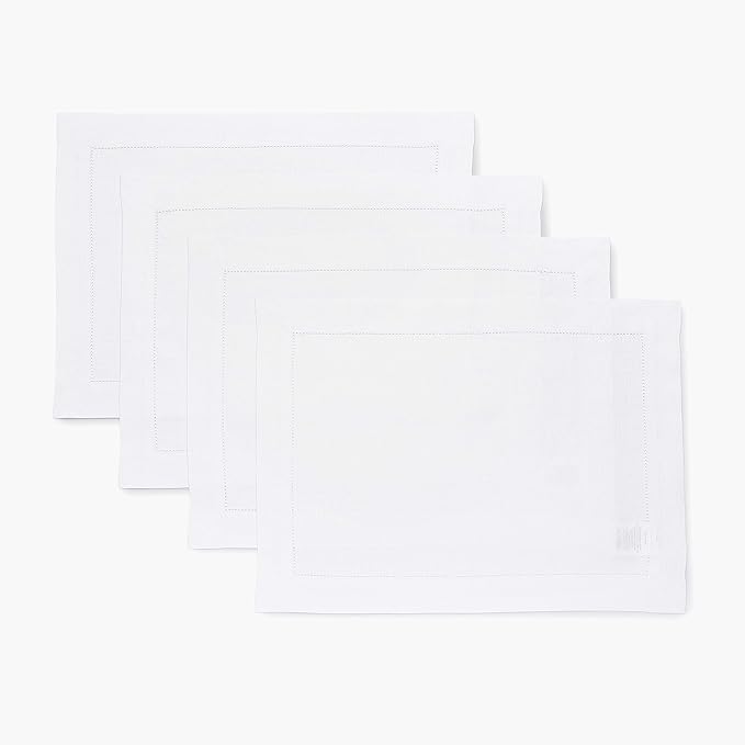 Solino Home Linen Placemats Set of 4 - Classic Hemstitch White Placemats 14 x 19 Inch - 100% Pure Linen Table Mats for Mothers Day, Spring, Summer, Memorial Day