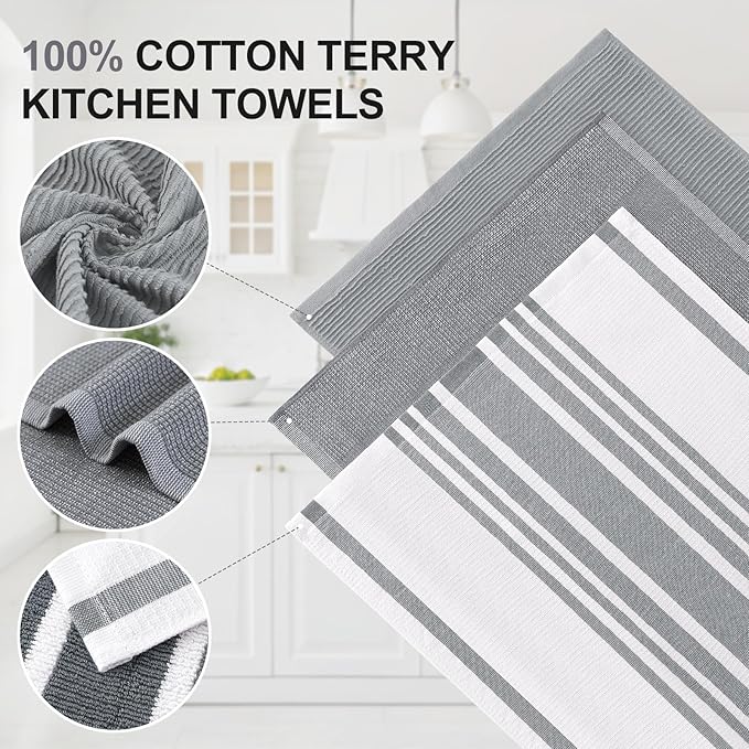 Homaxy Premium Kitchen Towels(18”x 28”, 3 Pack), Large Cotton 380 GSM Kitchen Hand Towels, Soft and Absorbent Terry Dish Towels, Multipurpose Tea Towel Set with Hanging Loop, Grey