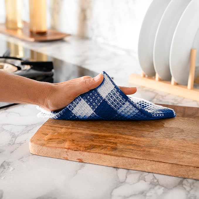 Blue Needles Set of 8 Waffle Weave Check Plaid Dish Cloths, 12x12 Inches 100% Cotton Dish Towels for Kitchen, Ultra Soft & Absorbent Kitchen Towels for Quick Drying Spring Summer - Sky Blue & White