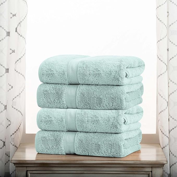 Superior Egyptian Cotton Pile Bath Towel Set of 4, Ultra Soft Luxury Towels, Thick Plush Essentials, Absorbent Heavyweight, Guest Bath, Hotel, Spa, Home Bathroom, Shower Basics, Sea Foam