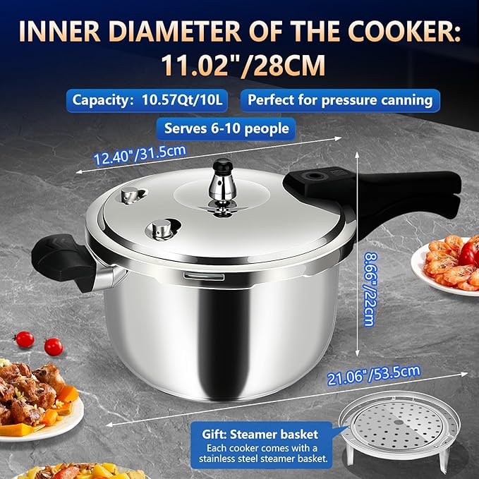 10QT Stainless Steel Pressure Cooker, Heavy Duty Food Grade 304 Pressure Canner with Safety Valve & Heat-Resistant Handle, Compatible with All Stovetops for Home Cooking & Canning