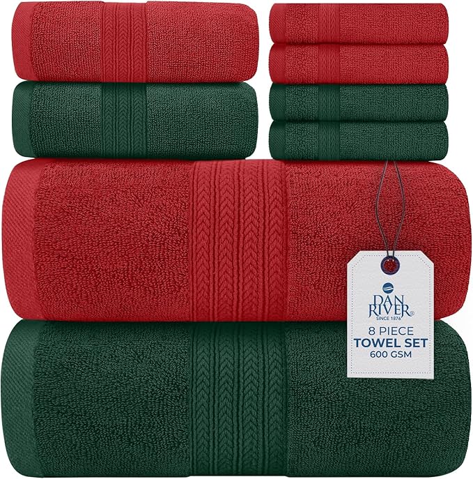 DAN RIVER 8 PC Decorative Luxury Bath Towels for Bathroom, 2 Bath, 2 Hand, and 4 Wash Cloths, 600 GSM 100% Ring Spun Cotton Towel Set, Highly Absorbent, Gym, Hotel, and Spa, Red & Green Combo