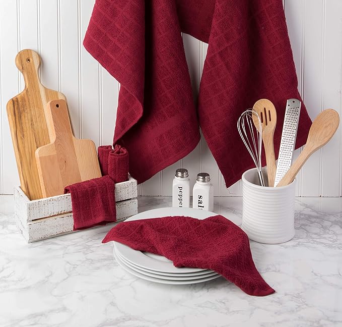DII Basic Terry Collection Solid Windowpane Dishcloth Set, 12x12, Wine, 6 Piece
