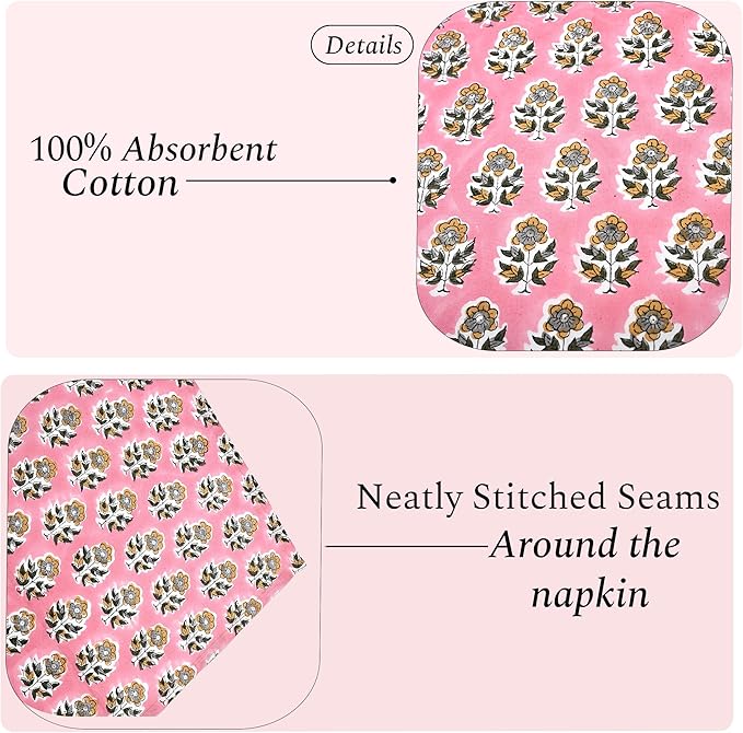 CPC Poppy Pink Indian Block Print Cotton Cloth Napkins Set of 4, 18x18 Reusable Everyday Napkins, Soft, Absorbent, Floral Dinner Napkin, Holiday, Party Gift, Spring,Mother's Day