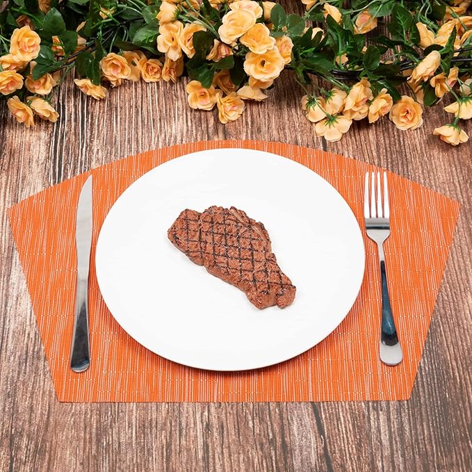 SHACOS Round Table Placemats Set of 4 Wedge Placemats Heat Resistant Woven Vinyl Table Mats for Round Table Wipe Clean (4, Orange)
