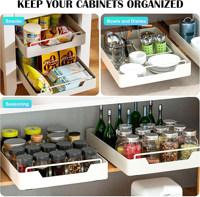Jolitac 1 Pack Pull Out Cabinet Organizer with Adhesive Nano Film Heavy Duty Storage and Organization Slide Out Pantry Shelves for Kitchen, Bathroom and Living Room (12.2" Wide-16.9" Deep)