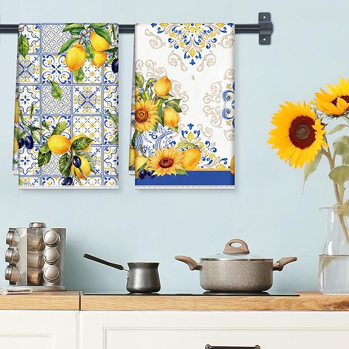 Lemon Floral Microfiber Kitchen Towels, Soft Absorbent Hand Towel 15.7 × 23.6 inch, Thick Dish Cloth for Party Anniversary Holiday Decoration, Housewarming Gifts for Mom