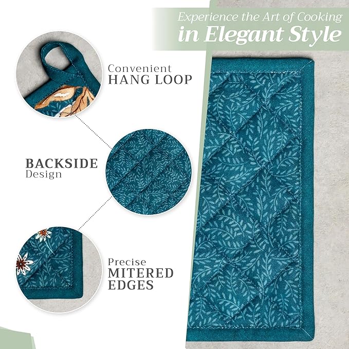 Maison d' Hermine Pot Holders Set 100% Cotton Heat Resistant Potholders 8" x 8" Hot Pads with Loop for Thanksgiving Christmas Decorations Baking Handling Hot Pans (Pack of 2, Luxury Loft - Dark Teal)