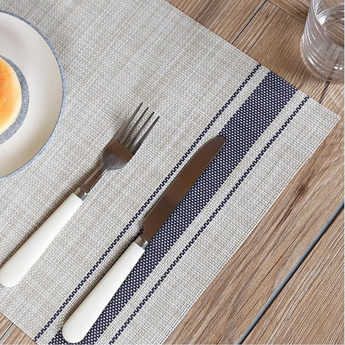 DACHUI Placemats Set of 8, Soft & Elegant Woven Vinyl Place Mats, Water Resistant, Heat Resistant, Washable, Durable Table Mats (Blue Stripes)