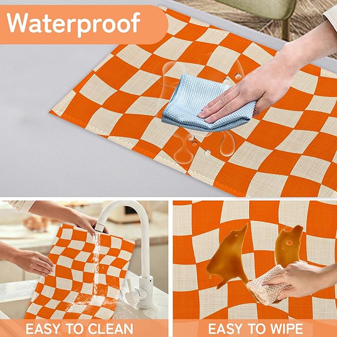 Abstract Orange Plaid Placemats Set of 6,Washable Kitchen Dining Linen Table Mats for Home Party Dinner Indoor Outdoor 12x18Inch