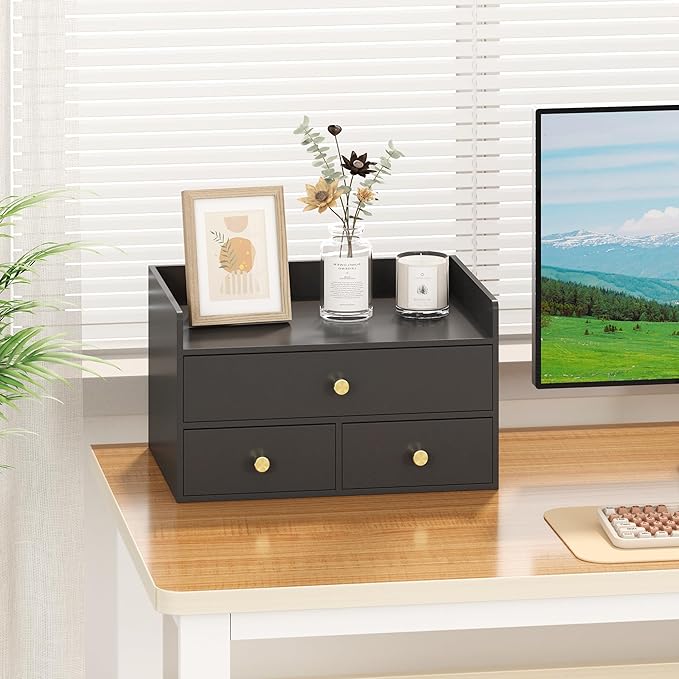 Bamboo Desk Organizer with Drawers Wooden Desktop Storage Drawers for Bills Office Supplies Kitchen Utensils Organizing Tool for Home Classroom Organization No Assembly (Black, 3 Drawers)