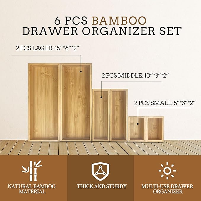 bamboo drawer organizer Set，expandable drawer dividers,wooden storage organizers,large trays for kitchen, bathroom,flatware,Tea Bag Organizer and office desk drawer (1)